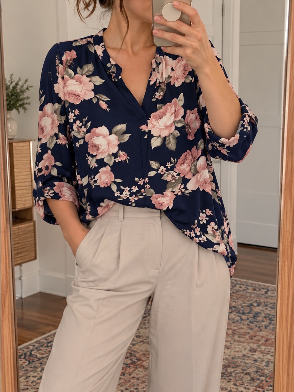 Navy Floral V-Neck Blouse with Blush Roses
